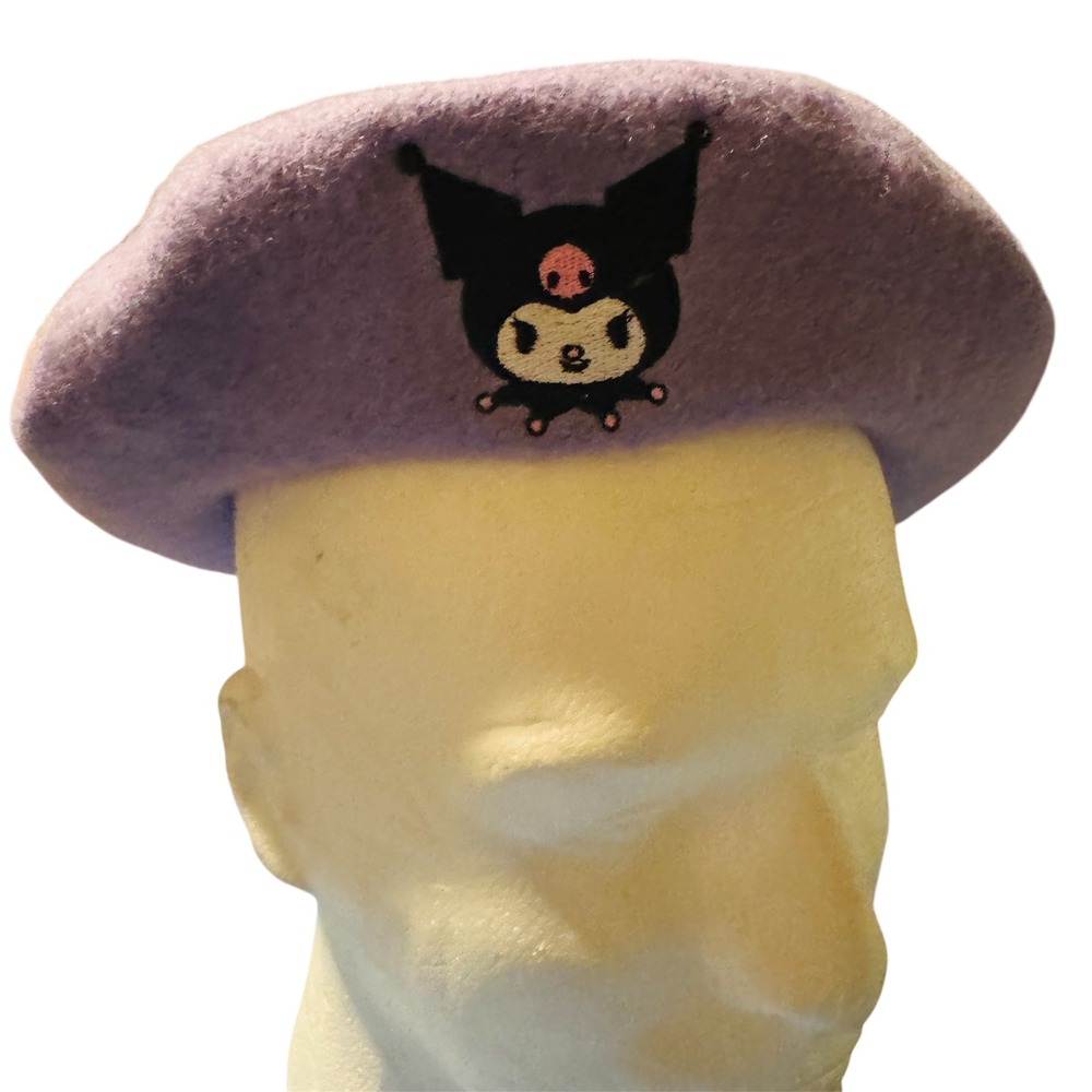Sanrio Kuromi Lavender Purple Wool Blend Beret Hat Black Velvet Bow Skulls OSFM
